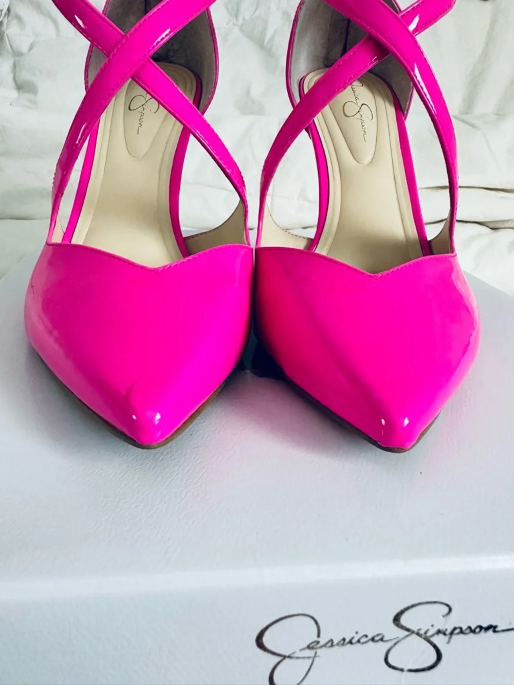 Jessica Simpson Hot Pink Patent Pointed Toe Strappy Stiletto Heels - Picture 12 of 13